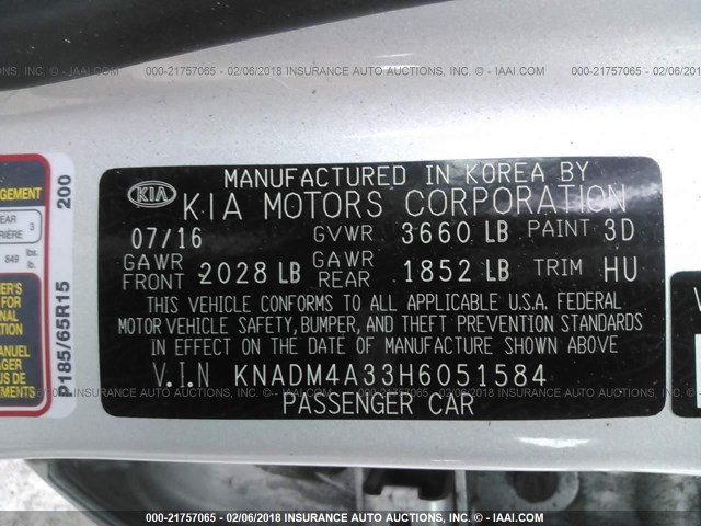 KNADM4A33H6051584 - 2017 KIA RIO LX SILVER photo 9