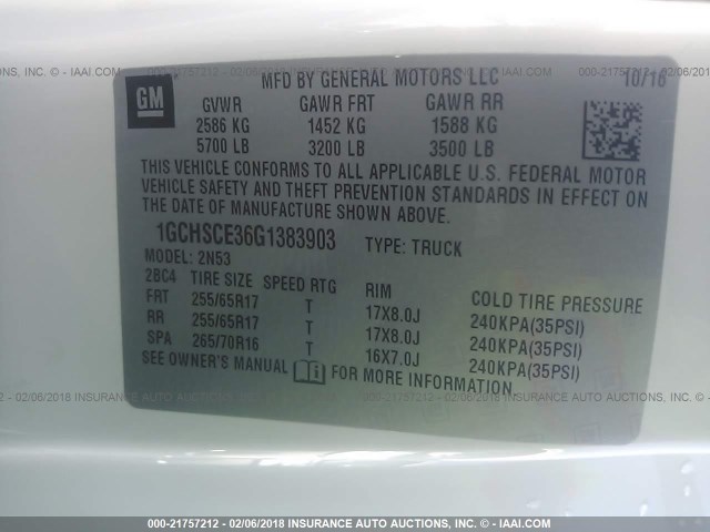 1GCHSCE36G1383903 - 2016 CHEVROLET COLORADO LT WHITE photo 9