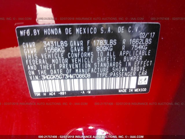 3HGGK5G73HM706608 - 2017 HONDA FIT EX/EXL RED photo 9