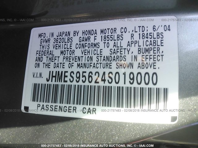 JHMES95624S019000 - 2004 HONDA CIVIC HYBRID GRAY photo 9