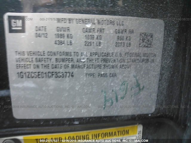 1G1ZC5E01CF333774 - 2012 CHEVROLET MALIBU 1LT BLACK photo 9