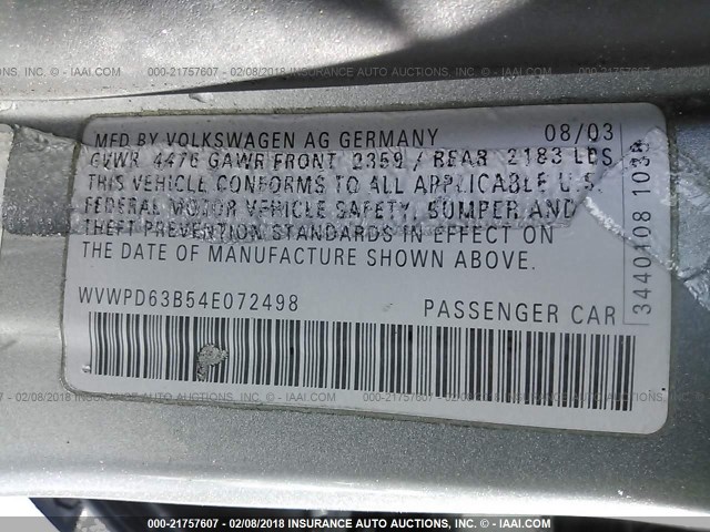 WVWPD63B54E072498 - 2004 VOLKSWAGEN PASSAT GLS GRAY photo 9