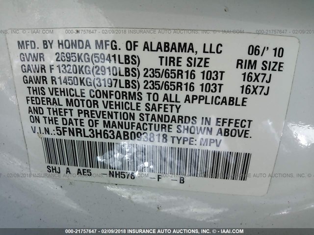 5FNRL3H63AB093818 - 2010 HONDA ODYSSEY EXL თეთრი ფოტო 9
