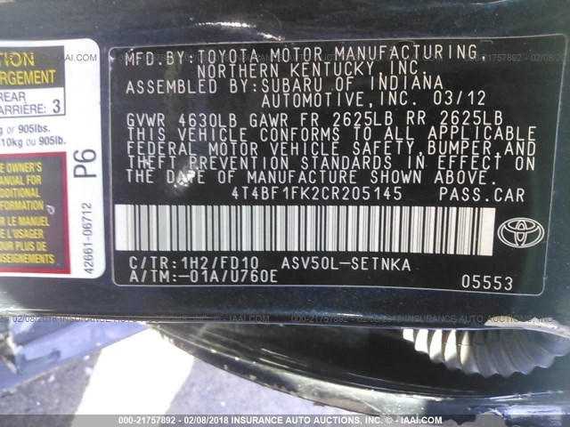 4T4BF1FK2CR205145 - 2012 TOYOTA CAMRY SE/LE/XLE შავი ფოტო 9