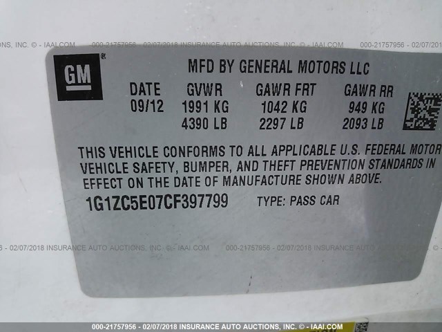 1G1ZC5E07CF397799 - 2012 CHEVROLET MALIBU 1LT WHITE photo 9