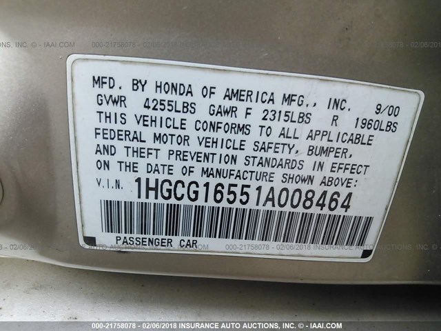 1HGCG16551A008464 - 2001 HONDA ACCORD EX GOLD photo 9