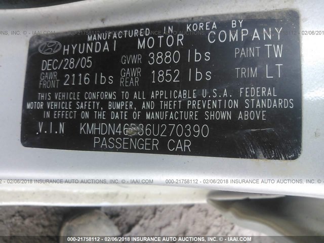 KMHDN46D36U270390 - 2006 HYUNDAI ELANTRA GLS/GT/LIMITED SILVER photo 9