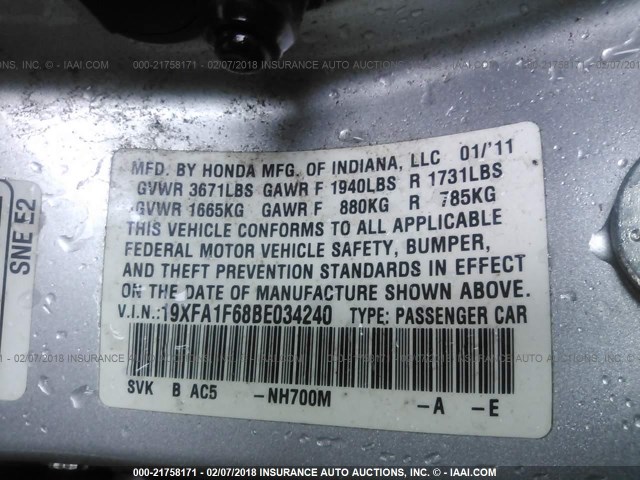 19XFA1F68BE034240 - 2011 HONDA CIVIC LX-S Gümüş foto 9