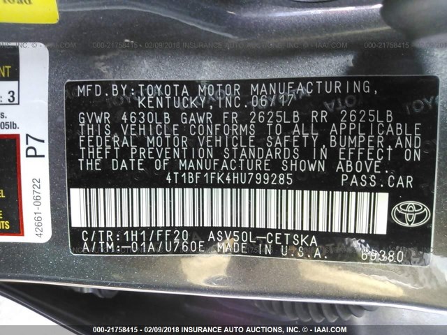 4T1BF1FK4HU799285 - 2017 TOYOTA CAMRY LE/XLE/SE/XSE GRAY photo 9