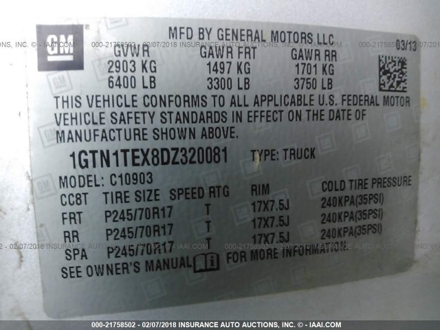 1GTN1TEX8DZ320081 - 2013 GMC SIERRA C1500 SILVER photo 9