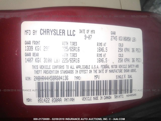 2A8HR44H58R604136 - 2008 CHRYSLER TOWN & COUNTRY LX RED photo 9