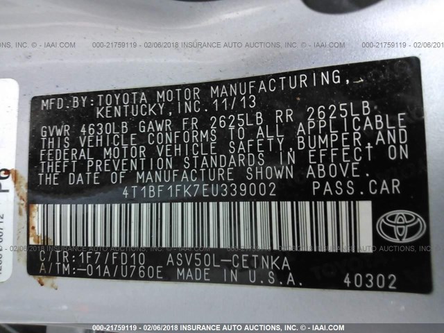 4T1BF1FK7EU339002 - 2014 TOYOTA CAMRY L/SE/LE/XLE 银色 照片 9