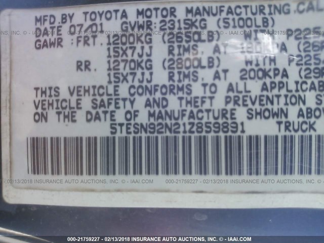 5TESN92N21Z859891 - 2001 TOYOTA TACOMA XTRACAB PRERUNNER მწვანე ფოტო 9