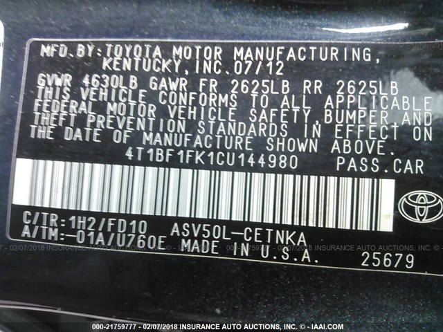 4T1BF1FK1CU144980 - 2012 TOYOTA CAMRY SE/LE/XLE 黑色 照片 9