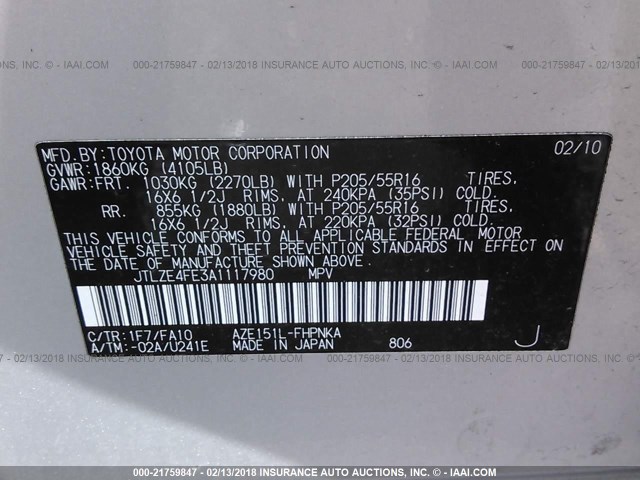 JTLZE4FE3A1117980 - 2010 TOYOTA SCION XB ვერცხლისფერი ფოტო 9