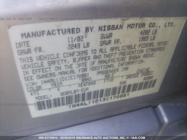 1N4AL11D13C170881 - 2003 NISSAN ALTIMA S/SL SILVER photo 9