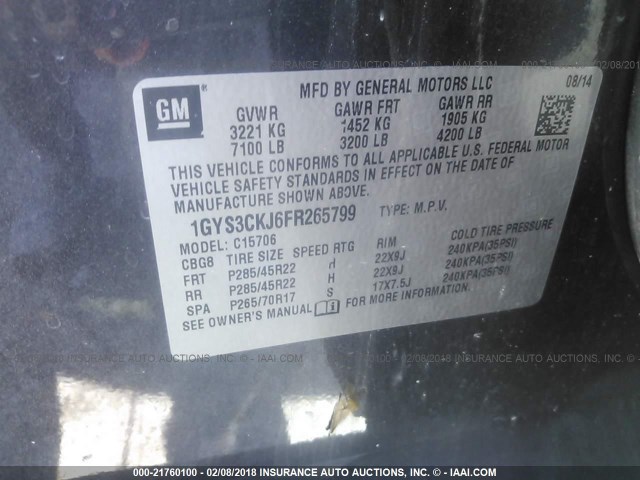 1GYS3CKJ6FR265799 - 2015 CADILLAC ESCALADE PREMIUM GRAY photo 9