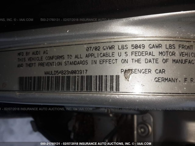 WAULD54B23N003917 - 2003 AUDI A6 2.7T QUATTRO SILVER photo 9