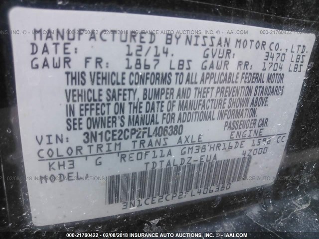 3N1CE2CP2FL406380 - 2015 NISSAN VERSA NOTE S/S PLUS/SV/SL/SR BLACK photo 9