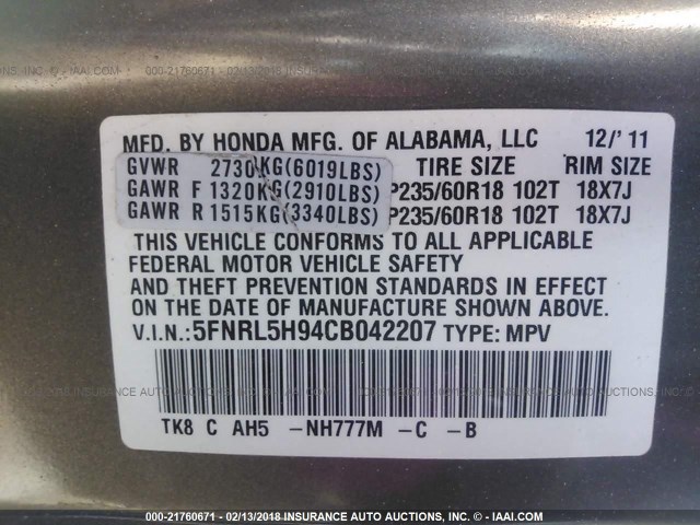 5FNRL5H94CB042207 - 2012 HONDA ODYSSEY TOURING/TOURING ELITE GRAY photo 9