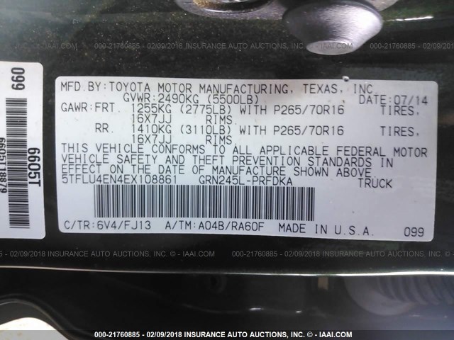 5TFLU4EN4EX108861 - 2014 TOYOTA TACOMA DOUBLE CAB 绿色 照片 9