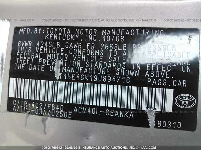4T1BE46K19U894716 - 2009 TOYOTA CAMRY SE/LE/XLE TAN photo 9