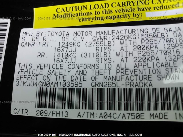 3TMJU4GN0AM103595 - 2010 TOYOTA TACOMA DOUBLE CAB PRERUNNER BLACK photo 9