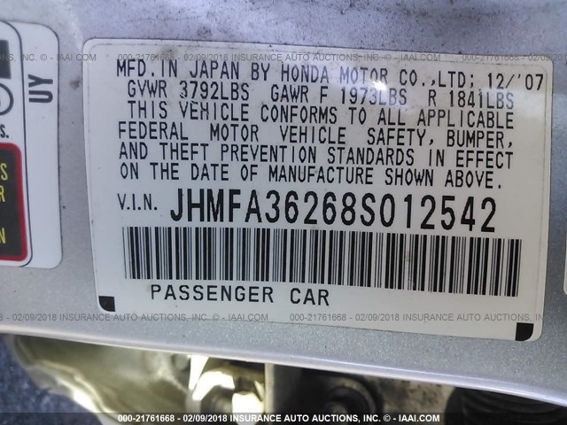JHMFA36268S012542 - 2008 HONDA CIVIC HYBRID 银色 照片 9