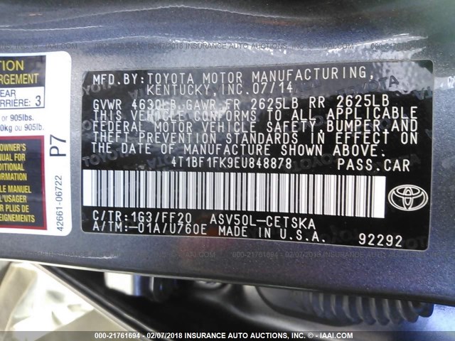 4T1BF1FK9EU848878 - 2014 TOYOTA CAMRY L/SE/LE/XLE 灰色 照片 9