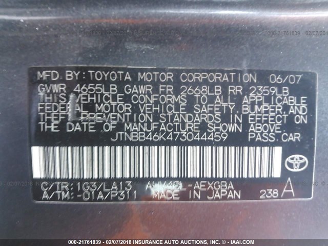 JTNBB46K473044459 - 2007 TOYOTA CAMRY NEW GENERAT HYBRID GRAY photo 9