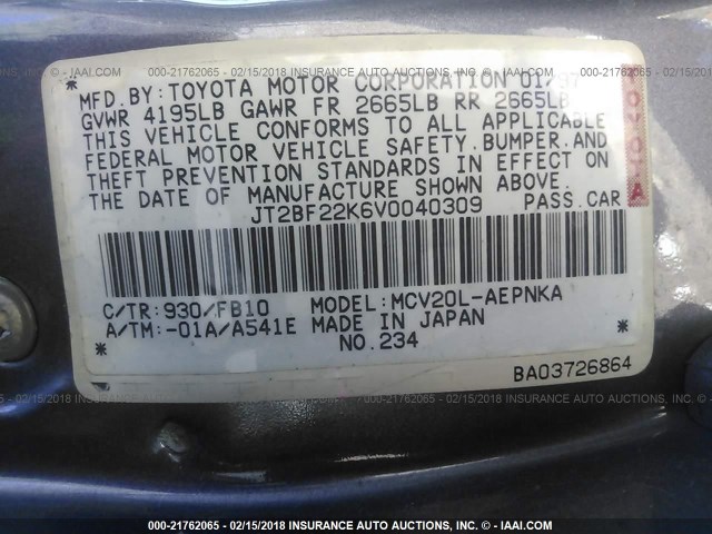 JT2BF22K6V0040309 - 1997 TOYOTA CAMRY LE/XLE GRAY photo 9