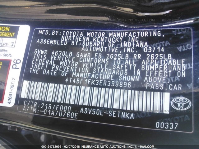 4T4BF1FK3ER399896 - 2014 TOYOTA CAMRY L/SE/LE/XLE 黑色 照片 9