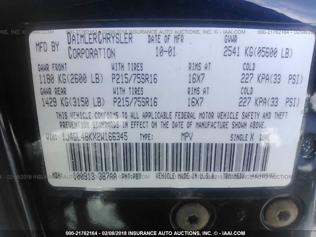 1J4GL48KX2W166345 - 2002 JEEP LIBERTY SPORT Mavi foto 9