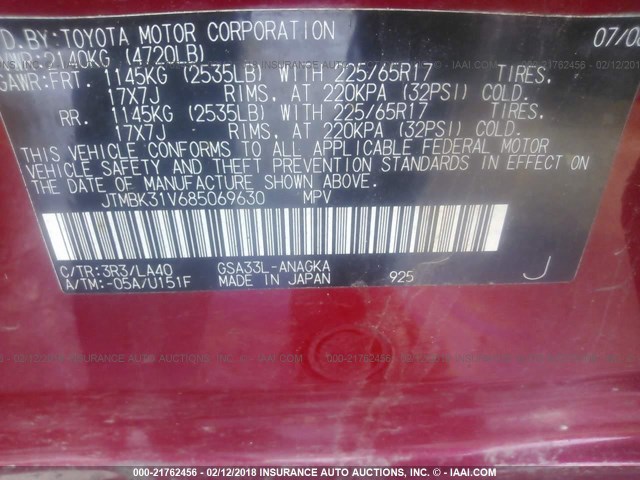 JTMBK31V685069630 - 2008 TOYOTA RAV4 LIMITED RED photo 9