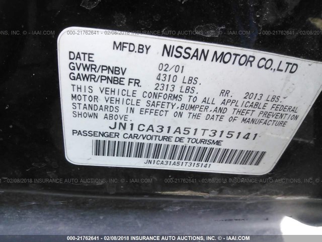 JN1CA31A51T315141 - 2001 NISSAN MAXIMA GXE/SE/GLE/20TH ANNIV BLACK photo 9