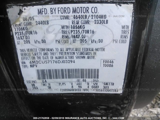 4M2CU57176DJ03294 - 2006 MERCURY MARINER 黑色 照片 9