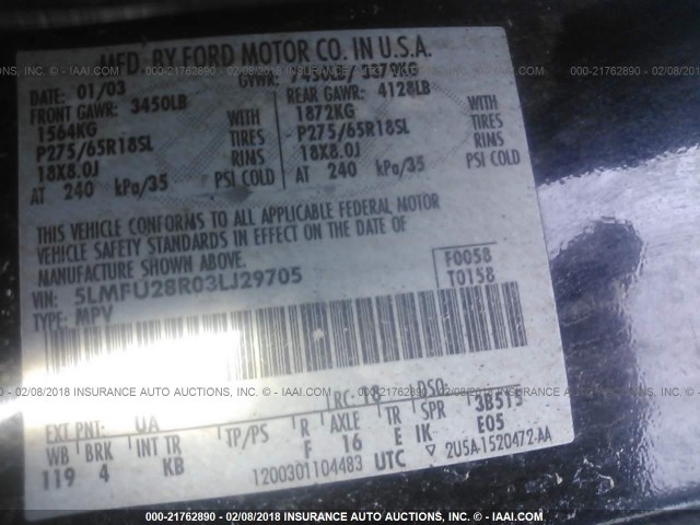 5LMFU28R03LJ29705 - 2003 LINCOLN NAVIGATOR Schwarz Foto 9