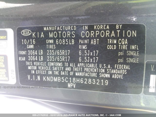 KNDMB5C18H6283219 - 2017 KIA SEDONA LX GRAY photo 9