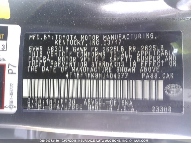 4T1BF1FK9HU404677 - 2017 TOYOTA CAMRY LE/XLE/SE/XSE Schwarz Foto 9