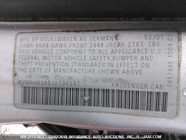 WVWRH63B51P196347 - 2001 VOLKSWAGEN PASSAT GLX 银色 照片 9