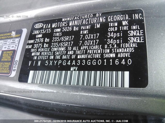 5XYPG4A33GG011640 - 2016 KIA SORENTO LX/L GRAY photo 9