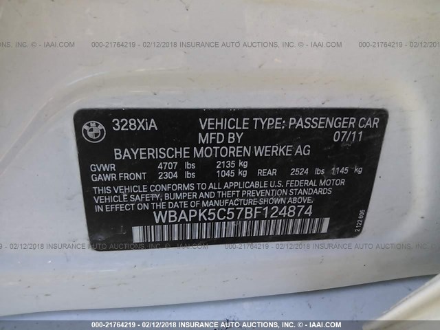 WBAPK5C57BF124874 - 2011 BMW 328 XI SULEV WHITE photo 9