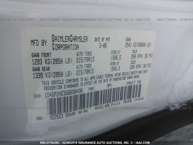 1D4GP24E56B698438 - 2006 DODGE GRAND CARAVAN SE WHITE photo 9