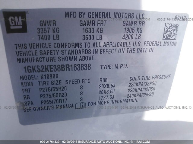 1GKS2KE38BR163838 - 2011 GMC YUKON XL K1500 SLT WHITE photo 9