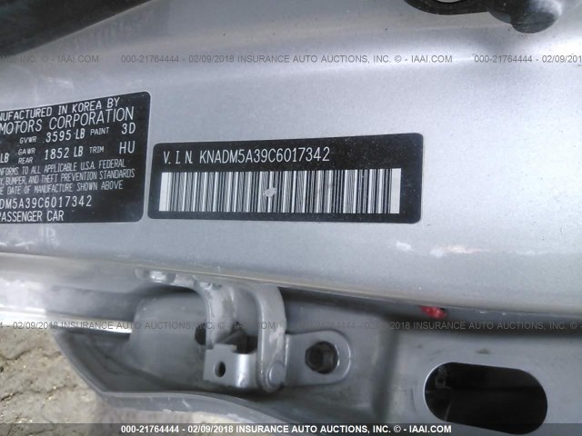 KNADM5A39C6017342 - 2012 KIA RIO LX SILVER photo 9