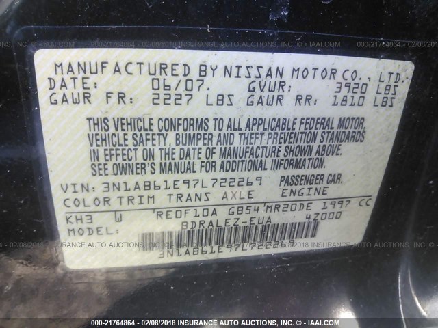 3N1AB61E97L722269 - 2007 NISSAN SENTRA 2.0/2.0S/2.0SL BLACK photo 9