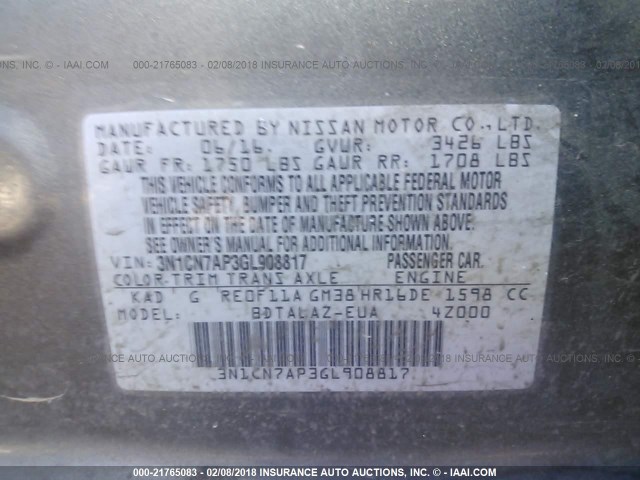 3N1CN7AP3GL908817 - 2016 NISSAN VERSA S/S PLUS/SV/SL GRAY photo 9