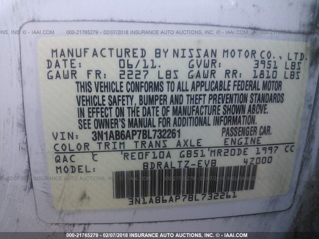 3N1AB6AP7BL732261 - 2011 NISSAN SENTRA 2.0/2.0S/SR/2.0SL WHITE photo 9