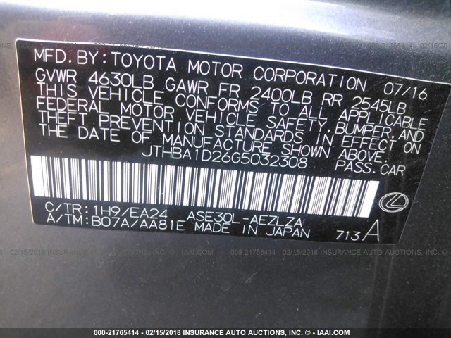 JTHBA1D26G5032308 - 2016 LEXUS IS 200T GRAY photo 9