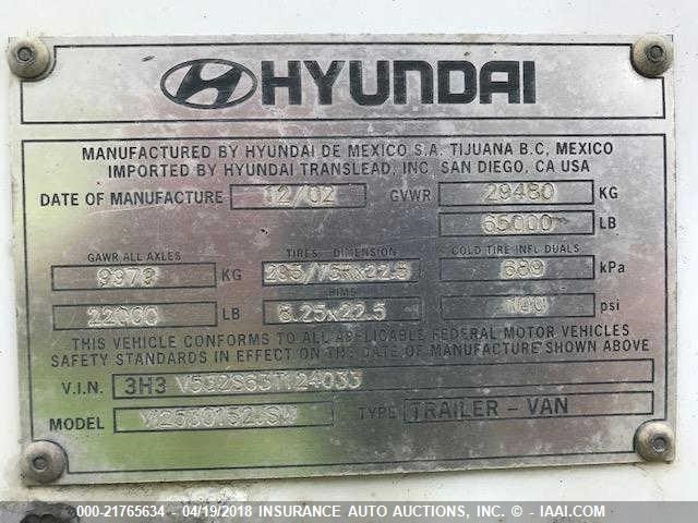 3H3V532S63T124033 - 2003 HYUNDAI STEEL INDUSTRIES DRY VAN  WHITE photo 9